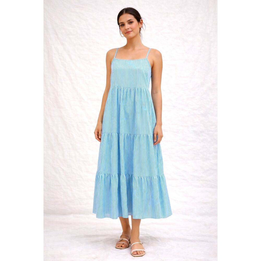 Piombo Tiered Maxi Spaghetti Strap Dress Blue White Striped M